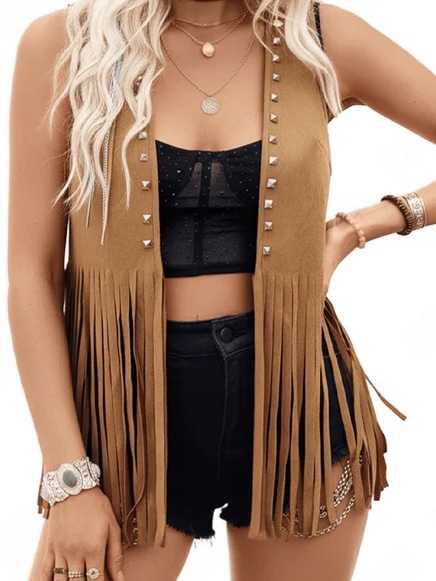 Veste Sans Manches à Franges camel